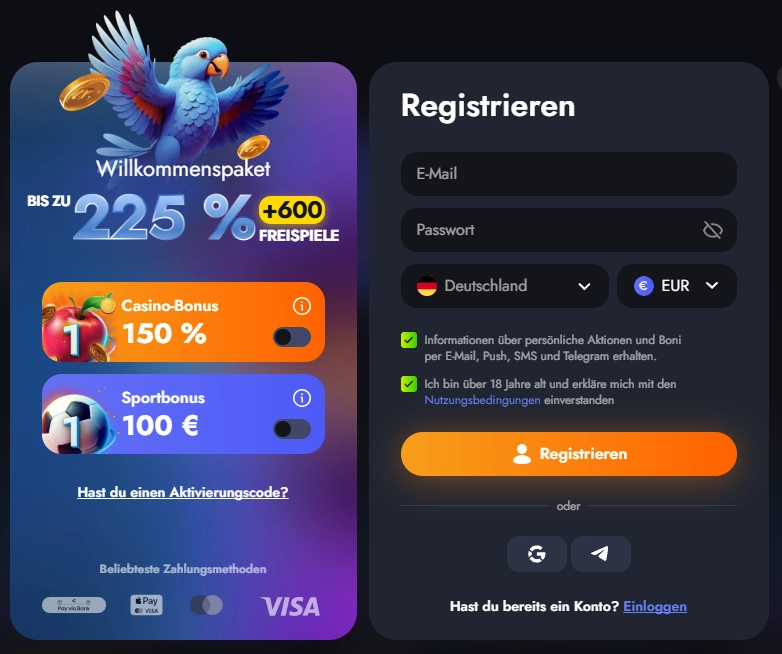 Martin Casino Registrierungsformular mit E-Mail Passwort Land und Währung